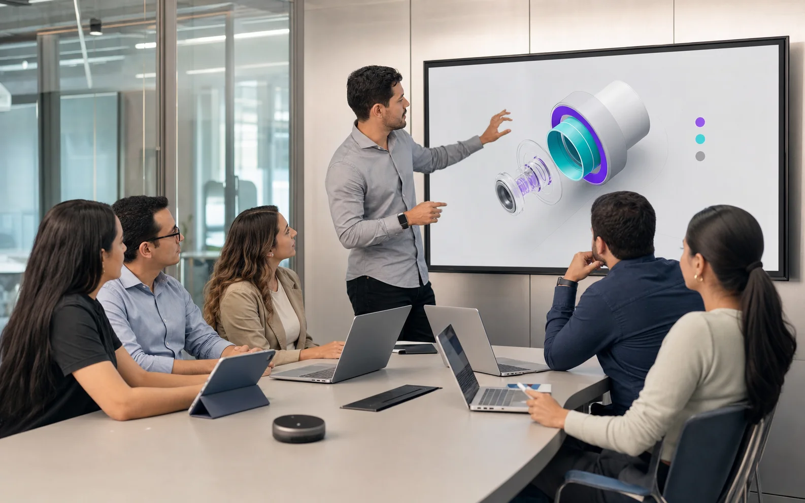 Equipe reunida enquanto um profissional apresenta uma visualização 3D de produto